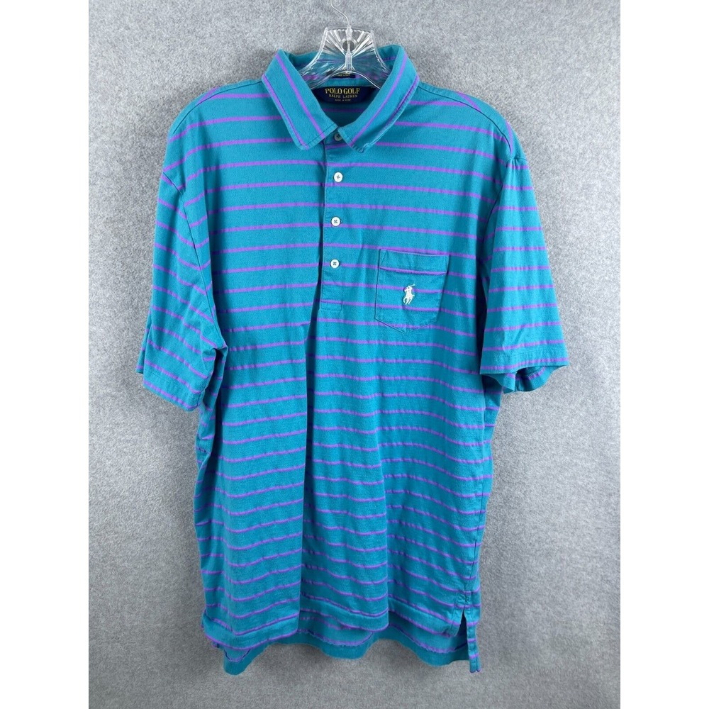 Polo Golf Ralph Lauren Vintage Lisle Shirt Men's L Blue Striped Short Sleeve